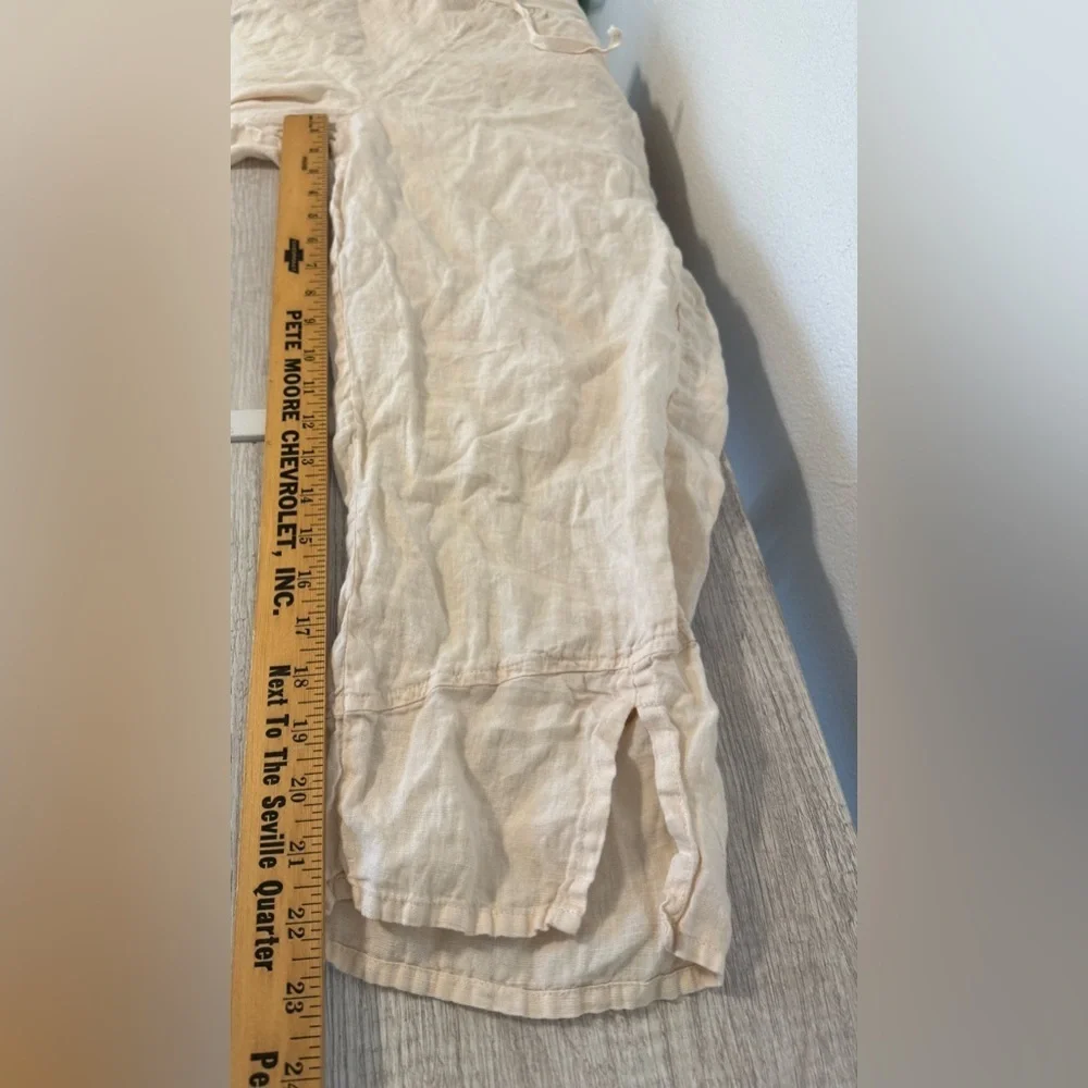 Flax Pull On Linen Pants Cropped Split Hem Drawstring Waist Lagenlook Cream Sml - Picture 7 of 10